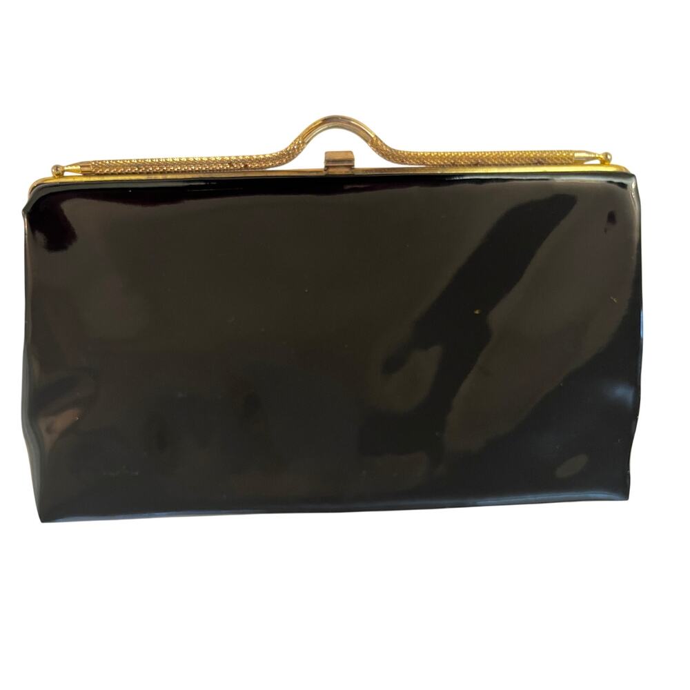 Vintage HL‎ Harry Levine Black Patent Clutch (Paisley Interior) (V0377)